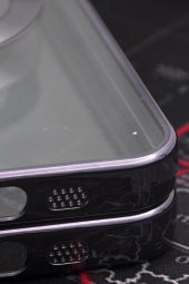 iPhone 14 Uyumlu MagSafe Özellikli Mor Renkli Kenarlı Lazerli Şeffaf Kılıf Lens Korumalı thumbnail 4