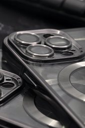 iPhone 14 Pro Uyumlu MagSafe Özellikli Siyah Renkli Kenarlı Lazerli Şeffaf Kılıf Lens Korumalı thumbnail 3