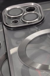 iPhone 14 Uyumlu MagSafe Özellikli Siyah Renkli Kenarlı Lazerli Şeffaf Kılıf Lens Korumalı thumbnail 3
