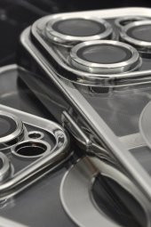 iPhone 14 Pro Uyumlu MagSafe Özellikli Gümüş Gri Silver Renkli Kenarlı Lazerli Şeffaf Kılıf Lens Korumalı thumbnail 3