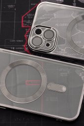 iPhone 14 Uyumlu MagSafe Özellikli Siyah Renkli Kenarlı Lazerli Şeffaf Kılıf Lens Korumalı thumbnail 6