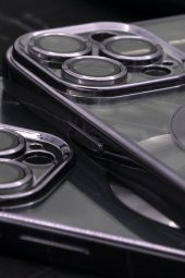 iPhone 14 Pro Max Uyumlu MagSafe Özellikli Mor Renkli Kenarlı Lazerli Şeffaf Kılıf Lens Korumalı thumbnail 3