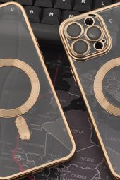 iPhone 14 Pro Max Uyumlu MagSafe Özellikli Altın Sarı Gold Renkli Kenarlı Lazerli Şeffaf Kılıf Lens Korumalı thumbnail 6