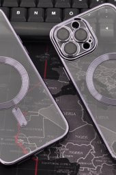 iPhone 14 Pro Max Uyumlu MagSafe Özellikli Mor Renkli Kenarlı Lazerli Şeffaf Kılıf Lens Korumalı thumbnail 6