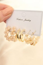 Krem Renk Doğal Taş Detay Küpe Seti thumbnail 1