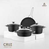 Amboss Cruz 7 Parça Cam Kapaklı Döküm Tencere Seti - Siyah - 1