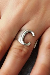 C Harfi Şekilli Kadın Yüzük Gümüş Kaplama Ayarlanabilir El Yapımı Yüzük - 2