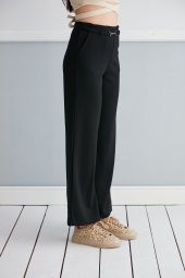 Günlük Yüksek Bel Esnek Siyah Cepli Palazzo Pantolon Kemer Detaylı - 3