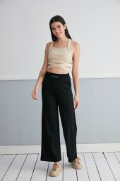 Günlük Yüksek Bel Esnek Siyah Cepli Palazzo Pantolon Kemer Detaylı - 8