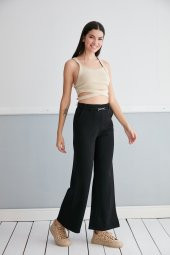 Günlük Yüksek Bel Esnek Siyah Cepli Palazzo Pantolon Kemer Detaylı - 10