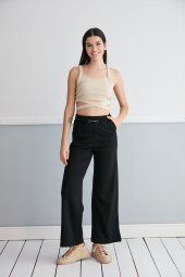 Günlük Yüksek Bel Esnek Siyah Cepli Palazzo Pantolon Kemer Detaylı - 5