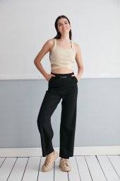 Günlük Yüksek Bel Esnek Siyah Cepli Palazzo Pantolon Kemer Detaylı - 7