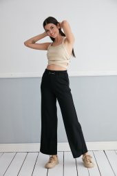 Günlük Yüksek Bel Esnek Siyah Cepli Palazzo Pantolon Kemer Detaylı - 9