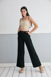 Günlük Yüksek Bel Esnek Siyah Cepli Palazzo Pantolon Kemer Detaylı - 1