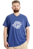 Mode XL Büyük Beden Erkek T-shirt V Yaka MUSTANG 23034 Mavi - 1