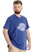 Mode XL Büyük Beden Erkek T-shirt V Yaka MUSTANG 23034 Mavi - 2