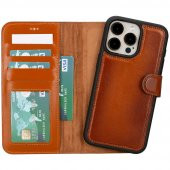 Apple iPhone 15 Pro Max Uyumlu Deri Cüzdanlı Kılıf MWWN RST2EF Taba - 1