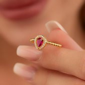 Gümüş Pazarım Altın Kaplama Damla Kesim Yakut Gümüş Yüzük - 1