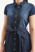 Kemer Detaylı Düğmeli Jean Elbise Mavi - 8