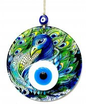 Tavus Kuşu Desenli 16 Santimetre Çapında Nazar Boncuklu Füzyon Cam Duvar Dekoru thumbnail 1