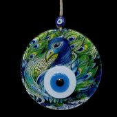 Tavus Kuşu Desenli 16 Santimetre Çapında Nazar Boncuklu Füzyon Cam Duvar Dekoru thumbnail 2