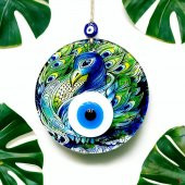 Tavus Kuşu Desenli 16 Santimetre Çapında Nazar Boncuklu Füzyon Cam Duvar Dekoru thumbnail 4