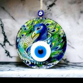 Tavus Kuşu Desenli 16 Santimetre Çapında Nazar Boncuklu Füzyon Cam Duvar Dekoru thumbnail 5