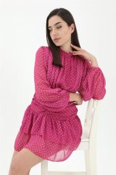 Büzgülü Puantiyeli Şifon Elbise - 4