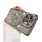 Apple iPhone 15 Pro Max için Magsafe ile uyumlu Kılıf Simli Kamera Kenar Taşlı Kapak - 8