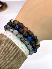 3.Lü Doğal Taş Unisex Tılsım Bilekliği Azurit,Hematit, Kristal Kuvars Taşı Doğaltaş Bileklik - 1