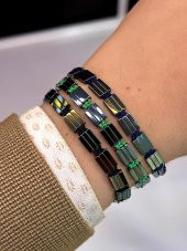 3 Lü Siyah-Yeşil-Lacivert Düz Hematit Taş İpli Makrome Örgülü Kombin Taş Bileklik - 1