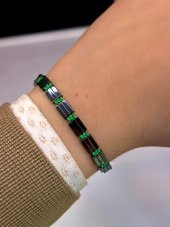 3 Lü Siyah-Yeşil-Lacivert Düz Hematit Taş İpli Makrome Örgülü Kombin Taş Bileklik - 3