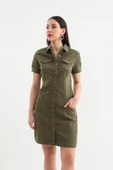 Kadın Haki Düğmeli Jean Elbise - 5