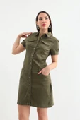 Kadın Haki Düğmeli Jean Elbise - 3