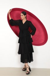 Şifon Kumaşlı Desensiz ve Uzun Kollu O Yakalı Aerobin KatKat Kadın Elbise - 4