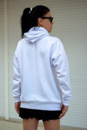 Kadın Beyaz Basic 3 Üç İplik Ekstra Kalın Kapüşonlu Kanguru Cep Uzun Kollu Sweatshirt 23KSWTUCPL - 7