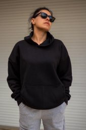 Kadın Siyah Basic 3 Üç İplik Ekstra Kalın Kapüşonlu Kanguru Cep Uzun Kollu Sweatshirt 23KSWTUCPL - 1