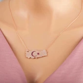 Gümüş Rose Ay Yıldız Türkiye Haritası Kadın Kolye SL5305 thumbnail 1
