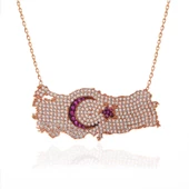 Gümüş Rose Ay Yıldız Türkiye Haritası Kadın Kolye SL5305 thumbnail 3