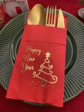 Gold Yaldızlı Kırmızı Happy New Year Çam Ağacı Cepli Peçete 12 lı 40x40 thumbnail 3