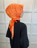 Hint İpek Dama Desenli Monogram Eşarp 00677  ORANGE - 2