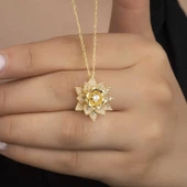Gümüş Gold Beyaz Taşlı Lotus Çiçeği Kadın Kolye SL5451 thumbnail 3
