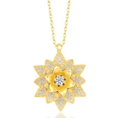 Gümüş Gold Beyaz Taşlı Lotus Çiçeği Kadın Kolye SL5451 thumbnail 7