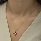 Gümüş Rose Kırmızı Taşlı Umut Çiçeği Kolye SL4313 thumbnail 3