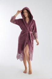 Dantelli Uzun Kapüşonlu Triga Bambu Cotton Bayan Bornoz thumbnail 1