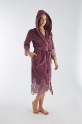 Dantelli Uzun Kapüşonlu Triga Bambu Cotton Bayan Bornoz thumbnail 3