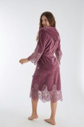 Dantelli Uzun Kapüşonlu Triga Bambu Cotton Bayan Bornoz thumbnail 5