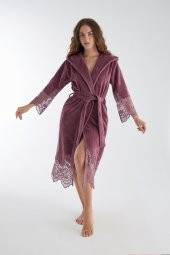 Dantelli Uzun Kapüşonlu Triga Bambu Cotton Bayan Bornoz thumbnail 6