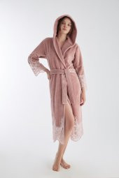 Dantelli Uzun Kapüşonlu Triga Bambu Cotton Bayan Bornoz thumbnail 7
