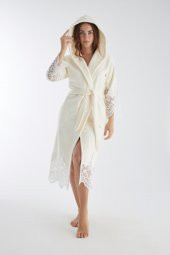 Dantelli Uzun Kapüşonlu Triga Bambu Cotton Bayan Bornoz thumbnail 12